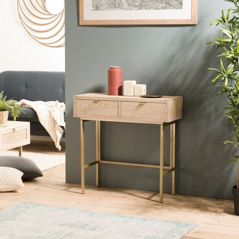 Macabane – Console en MDF plaqué frêne 2 tiroirs – Pieds métal doré – Dimensions 80 x 34 x 79 cm – Style scandinave élégant