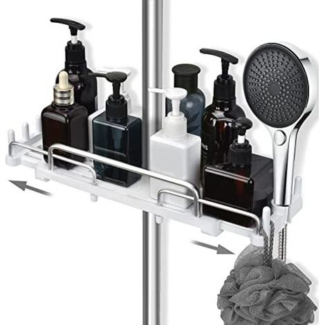Teleskop-Duschablage 32-48 cm, Hängendes Badezimmerregal ohne Bohren, Ablage für Duschstangen 18 bis 25 mm (Weiß)