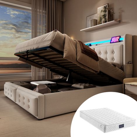 Letto matrimoniale contenitore LED beige con materasso OKMYHOME (1/5)