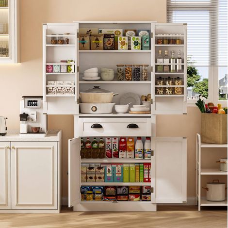 Buffet de cuisine en MDF blanc 80 x 40 x 182 cm, 4 portes, 1 tiroir, 6 rangements de porte et 4 étagères réglables (1/5)