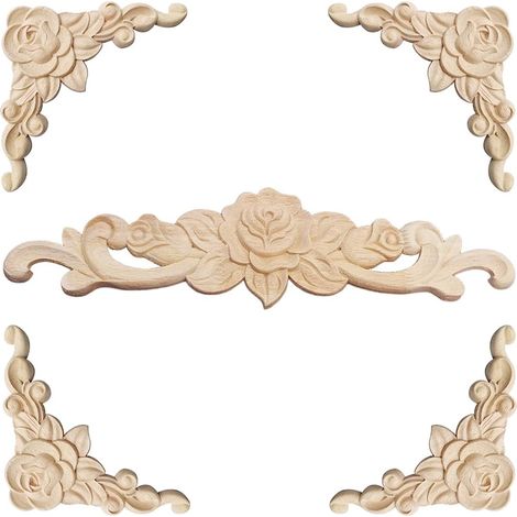 Moulure Decorative Bois 5 Pièces Sculpture Bois Moulure Décorative Bois Applique Moulure Rosace Decorative Floral Bois Sculpte Decal Sculpté d'angle Decoratif pour Décoration Meuble (1/5)