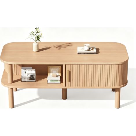 Table basse Bois Naturel 110cm,Porte coulissante,Rangement double,Style scandinave en MDF,Charge 60 kg-Pour salon/balcon (1/5)