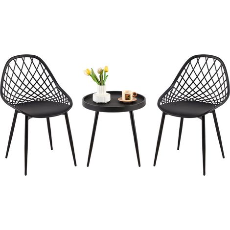 Eggree – Ensemble table et 2 chaises de salle à manger en métal noir – Dimensions table 50x50x47cm – Chaises avec soutien lombaire (1/5)