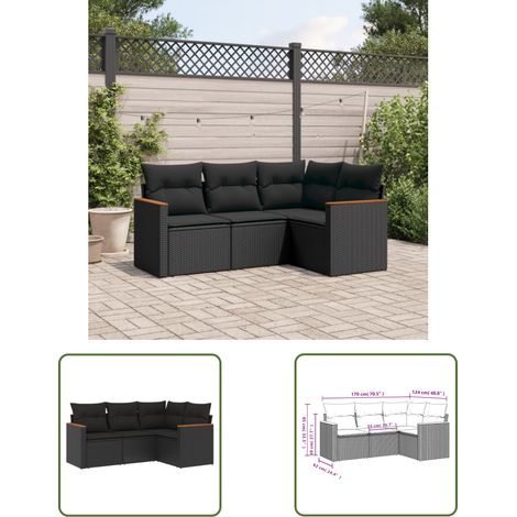 The Living Store 4-tlg. Garten-Sofagarnitur mit Kissen Schwarz Poly Rattan - Gartenmöbel - Rattan Möbel - Outdoor Sofa - Lounge Set - Esszimmergarnitur (1/3)