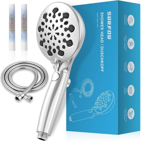 Pommeau de Douche Filtrant avec 2, 10 Types de Jets Douchette, tuyau 1,5M, Haute Pression, Économique, Anti-calcaire Fonction à Plusieurs Niveaux, Idéale pour L'eau Dure (1/5)