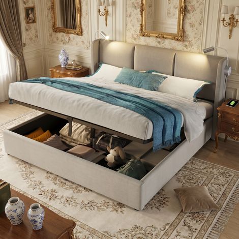BLANKETSWARM - Lit double capitonné 140x200cm, avec Lampe de lecture, lit coffre avec rangement, lit double capitonné en velours, sommier à lattes en bois massif, sans matelas - Beige (1/5)