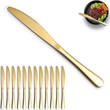 Ensemble de 12 couteaux de table en or, couteau à beurre en acier inoxydable et titane plaqué or, couteaux de table pour la maison, le restaurant, l’hôtel, le mariage, les événements (1/5)