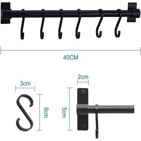 Barre D'Ustensiles De Cuisine - 40 Cm - 6 Crochets Amovibles - Pour Cuisine Salle De Bain Garage - Noir (1/2)