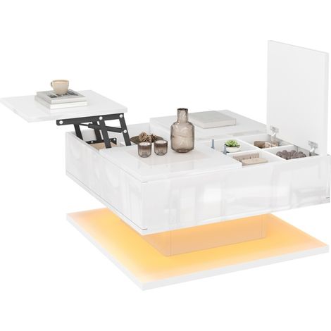 Finition Laquée et Design Flottant Table Basse Plateau Relevable avec LED APP et Tiroirs pour Salon 72x72cm (1/5)