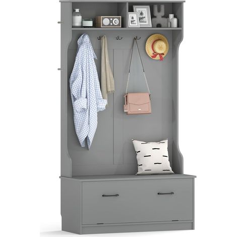 COSTWAY Grand Porte-Manteaux 180 cm avec Banc à Chaussures (Gris) (1/5)