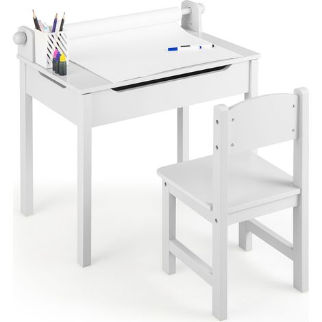 Wooden Kids Table and Chair Set with Storage and Paper Roll Holder-White (1/5)