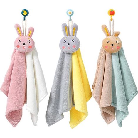 Confezione da 3 asciugamani con simpatici coniglietti e anello per appenderli, ideali per bambini in cucina e in bagno (35 cm x 49 cm) (1/5)