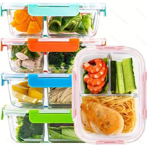 Ensemble de 5 boîtes de conservation en verre borosilicate sans BPA, comprenant 3 compartiments pour la préparation des repas et des couvercles étanches. (1/5)