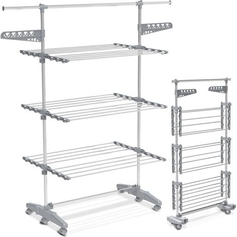 Séchoir à Linge Pliable avec roulettes Grande Capacité Etendoir en Acier Inoxydable Ailes Pliables sur 3 Niveaux 23m de Séchage pour Usage Intérieur/Extérieur
