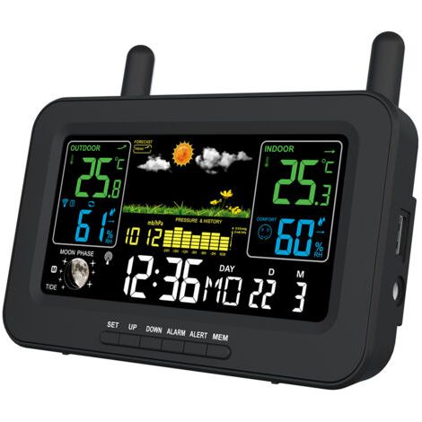 Pair - SJLERST Station météo sans fil avec capteur extérieur, Thermomètre Hygromètre intérieur extérieur Prévisions météo Pression de l'air Niveau de confort Risque de moisissure Réveil 433MHz RF 3CH (1/5)