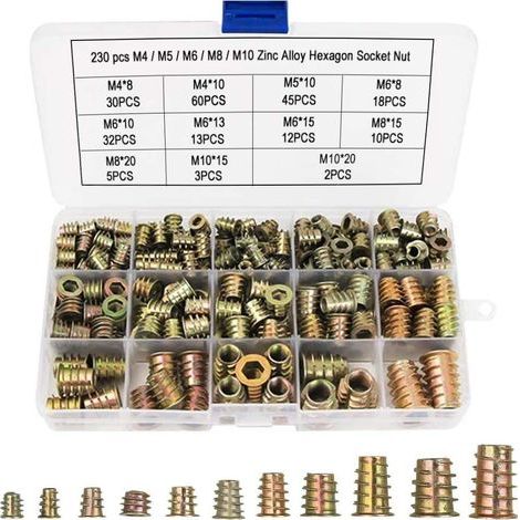 230 Pcs Écrous Hexagonaux M4 M5 M6 M8 M10 avec Inserts Filetés, Alliage de Zinc Insert Fileté Hexagonale Écrous Inserts pour Kit d'outils d'écrou pour Meubles en Bois (1/5)