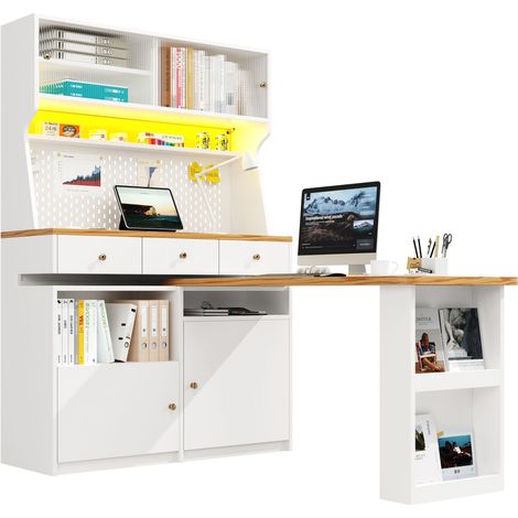 Colonne de cuisine 137x45x178cm - 2 portes + 3 tiroirs + 11 étagères - meuble haut - buffet polyvalent - table de bar - avec éclairage LED - Blanc (1/5)