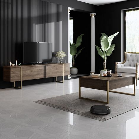 Möbelset Walnuss Luxus - Couchtisch + TV-Schrank – Goldener