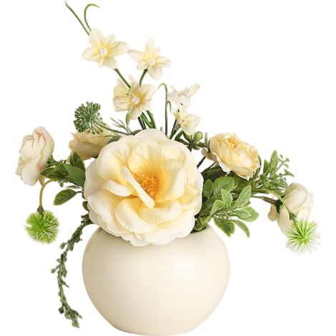 Bouquet de fleurs artificielles, fleurs en plastique longue durée, pot en céramique décoratif + fleur jaune Yutang (1/2)
