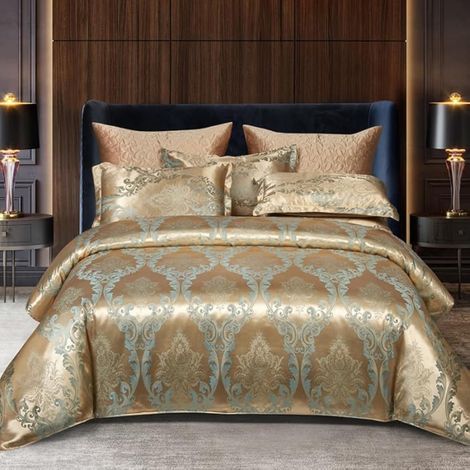 Bettwäsche 200x200 cm Gold Beige Barock Jacquard Wendebettwäsche 3-teilig mit Reißverschluss