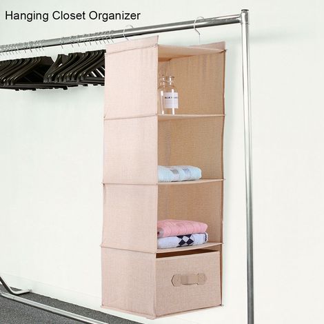 Hängender Kleiderschrank-Organizer, Kleideraufbewahrung, 4 Ablagen mit Schublade (Beige) (1/5)