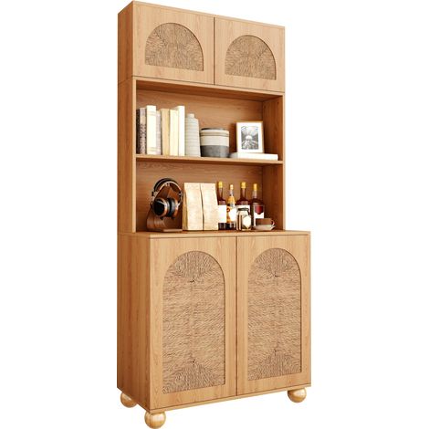 Buffet, armoire haute avec portes en treillis de corde, vitrine de présentation en trois parties, armoire de rangement en panneaux de particules + MDF, armoire avec pieds boules en pin, armoire de cou (1/5)