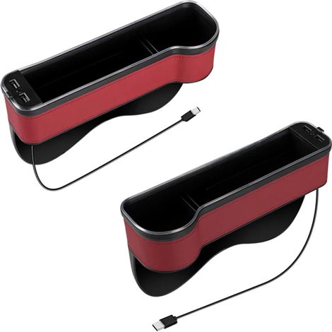 (Rouge, 1 lot) Organisateur de voiture avec LED colorées, combleur d'espace pour siège auto, double port USB de charge, boîte de rangement en PU avec porte-gobelet.