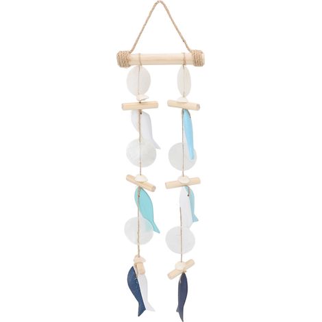 Carillon éolien poisson en bois massif et coquillages, décoration murale marine artisanale avec corde de chanvre pour intérieur et terrasse (1/4)