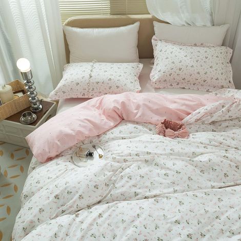 Petite housse de couette à imprimé floral, ensemble complet de housse de couette en coton doux, rose, réversible, blanc, housse de couette avec fermeture éclair, 4 attaches d'angle pour fille (1/5)