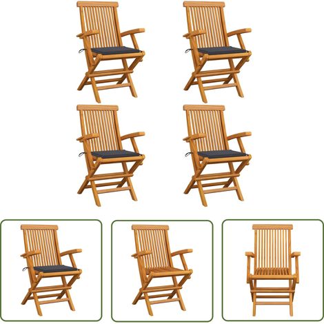 The Living Store Chaises de jardin et coussins anthracite lot de 4 Bois de teck - Chaise De Jardin - Mobilier De Jardin - Chaise En Bois - Terrasse - Jardin (1/5)