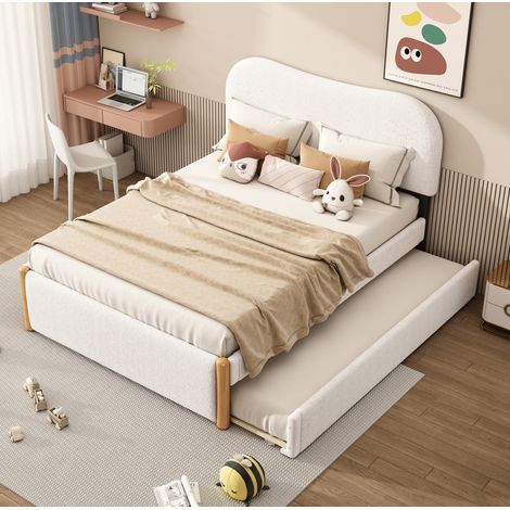 DESVIAE Lit plat rembourré 140 x 200 cm avec lit gigogne coulissant tête de lit blanche style minimaliste blanc (1/5)