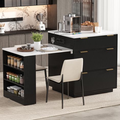 Îlot de cuisine roulant extensible, LED intégrée, étagères réglables, prises électriques, pour cuisine et salle à manger, noir, plan de travail modulable et lumineux (1/5)