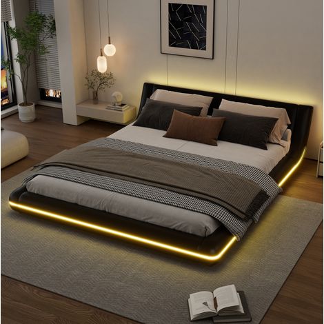 Cama Boden 160x200 cm de PU negro con luz LED ambiental y somier de láminas (1/5)