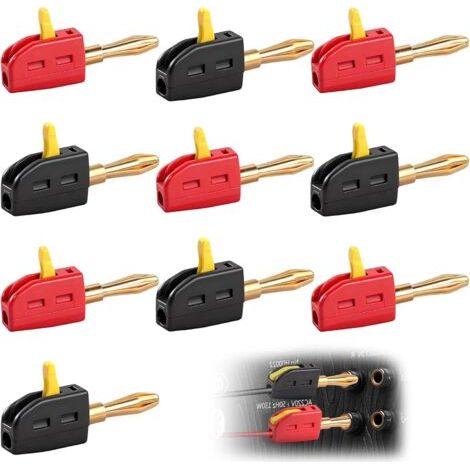 Lot de 10 fiches bananes 4 mm - 32 A - Pour haut-parleurs, courant élevé - Connecteur rapide - Plaqué or - Rouge et noir (1/5)