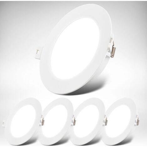 Lot de 5 spots LED encastrables 230V, IP20, extra plat, lumière blanche neutre 4000K, 10W 660lm/spot, blanc, perçage Ø100mm, Ø120mm