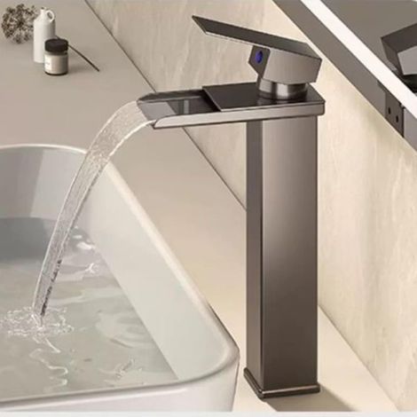 Robinet de cuisine, salle de bain, cascade, haut, mitigeur de lavabo avec fonction d'économie d'eau, robinet pour salle de bain, invités, WC, lavabo, camping-car avec 2 tuyaux de raccordement de 60 cm (1/5)