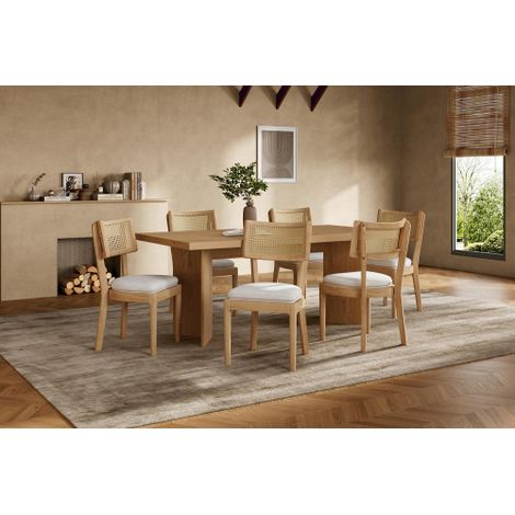 Lot de 6 chaises de salle à manger en bois massif avec dossier en rotin confortable et respirant adaptées aux salles à manger, salons et cafés style moderne assise revêtue de lin et finition bois n (1/5)