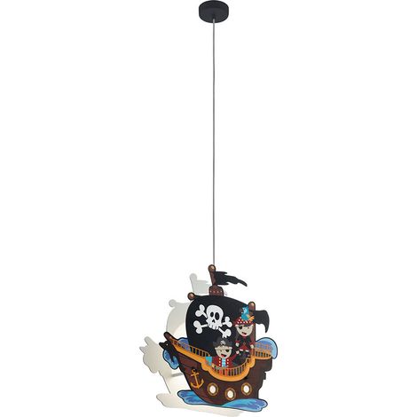 Lampe à suspension chambre d'enfant lampe en bois plafonnier multicolore lampe suspendue bateau pirate coloré, métal bois coloré, douille 1x E27, LxlxH 42,5x14x110 cm (1/4)