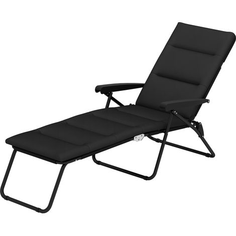 Bain de soleil pliable transat inclinable 6 positions avec matelas + accoudoirs acier polyester 153 x 58,5 x 89 cm noir
