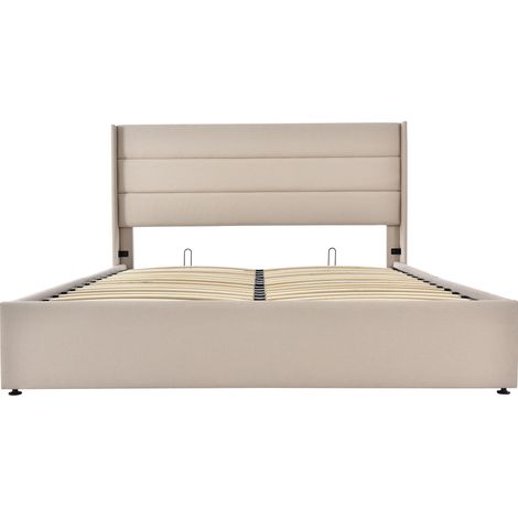 Cama canapé tapizada hidráulica 140x200 cm de lino beige con estructura metálica y somier (1/5)