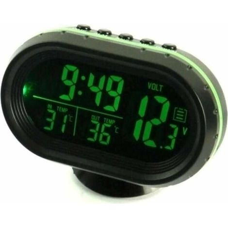 Horloge Thermomètre Numérique Voltmètre de Voiture 4 en 1 Alarme Moniteur de Voltage Horloge LCD Rétro-Éclairage 12/24 Heures Indicateur de Température Vert (1/5)