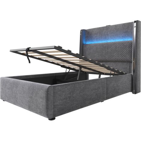 Letto singolo 90x200 cm con contenitore idraulico, LED e porte USB Type-C, grigio effetto lino (1/5)