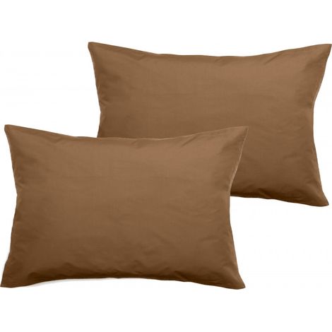 Lot de 2 taies d'oreiller percale pur coton peigné longues fibres 80 fils/cm² Vent du sud - Cognac - Lot de 2 taies d'oreiller 50 x 70 + 5 cm Volant plat piqué - Cognac -