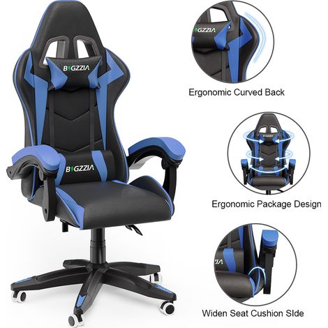 Bigzzia – Chaise gaming ergonomique inclinable 90°-155° – Cuir PU haute qualité – Appui-tête et coussin lombaire amovibles – Roulettes silencieuses – Confort optimal