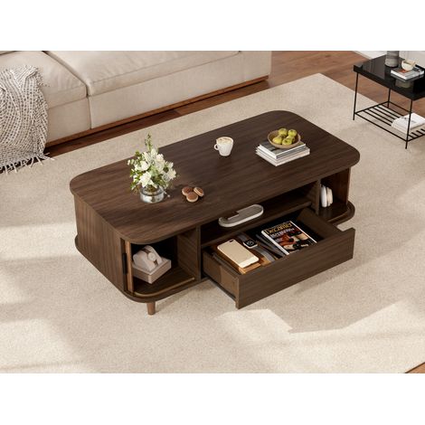 Mesa de centro 100x50x35 cm de MDF nogal, con cajón y almacenaje para salón – MEUBLIV (1/5)