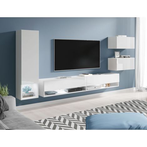 Bratex – Ensemble de meubles de salon avec éclairage LED – Panneau laminé 15mm – Finition blanc brillant – Dimensions optimisées pour petits espaces