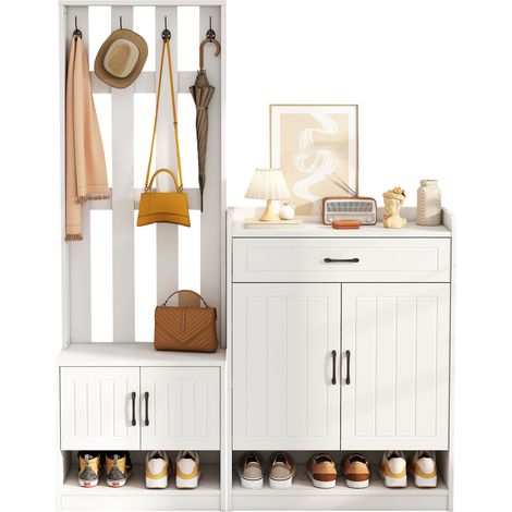 Vestiaire d'entrée 3-en-1 blanc avec banc, panneau à 4 crochets, armoire à chaussures, 4 portes, 1 tiroir et étagère réglable, 140 x 32 x 180 cm - CHICFURN (1/5)