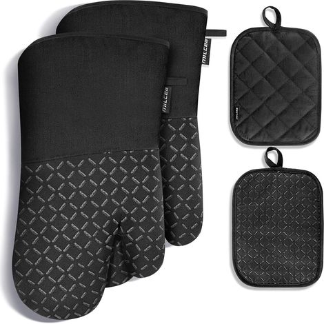 MILcea Ofenhandschuhe Hitzebeständige 300°C Topflappen & Ofenhandschuhe 4er Set Topfhandschuh Dutch Oven Mitts Ofenhandschuhe Ofen Handschuhe Backhandschuhe Kochhandschuhe (Schwarz-Set) (1/5)
