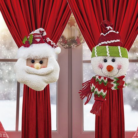 Lot de 2 attaches rideaux de Noël décoratives, 1 modèle Père Noël + 1 modèle bonhomme de neige. Design festif mignon, parfait pour décorer fenêtres, salon et chambre, ambiance de fête garantie. (1/5)