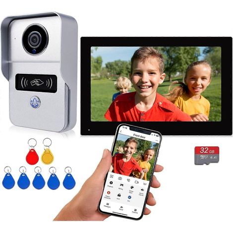 Système d'interphone vidéo WiFi, kit de sonnette vidéo avec moniteur, caméra de sonnette filaire HD 1080p, moniteur WiFi sans fil 7 pouces avec carte 32 Go. (1/5)
